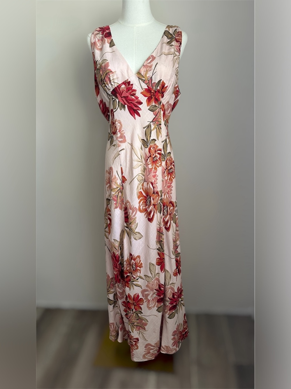 Paper Heart Floral Maxi Dress Linen Rayon Blend Womens XL Boho Pink Red